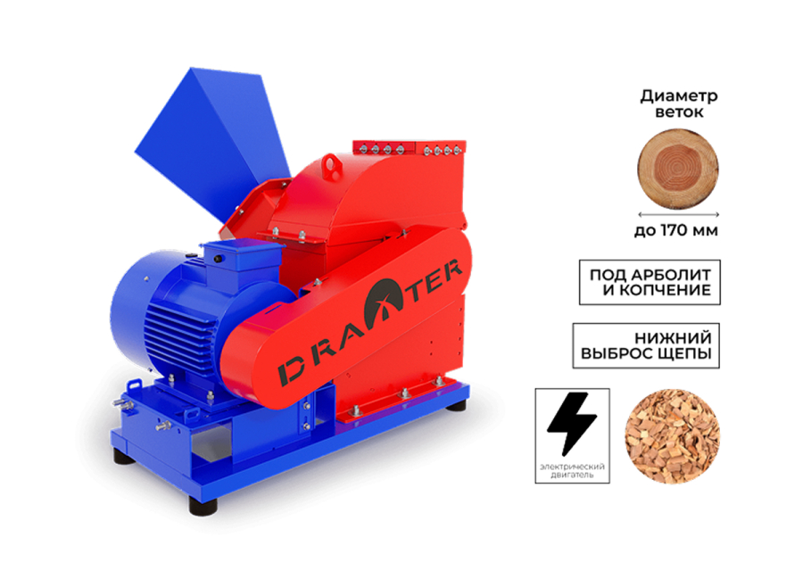 Промышленный щепорез DraXter Щ-650Э (элект; 22 кВт (380В); сито 30 мм.; раструб 400х400; КБ 8': 4К (усиленная); АЗ 22 кВт)